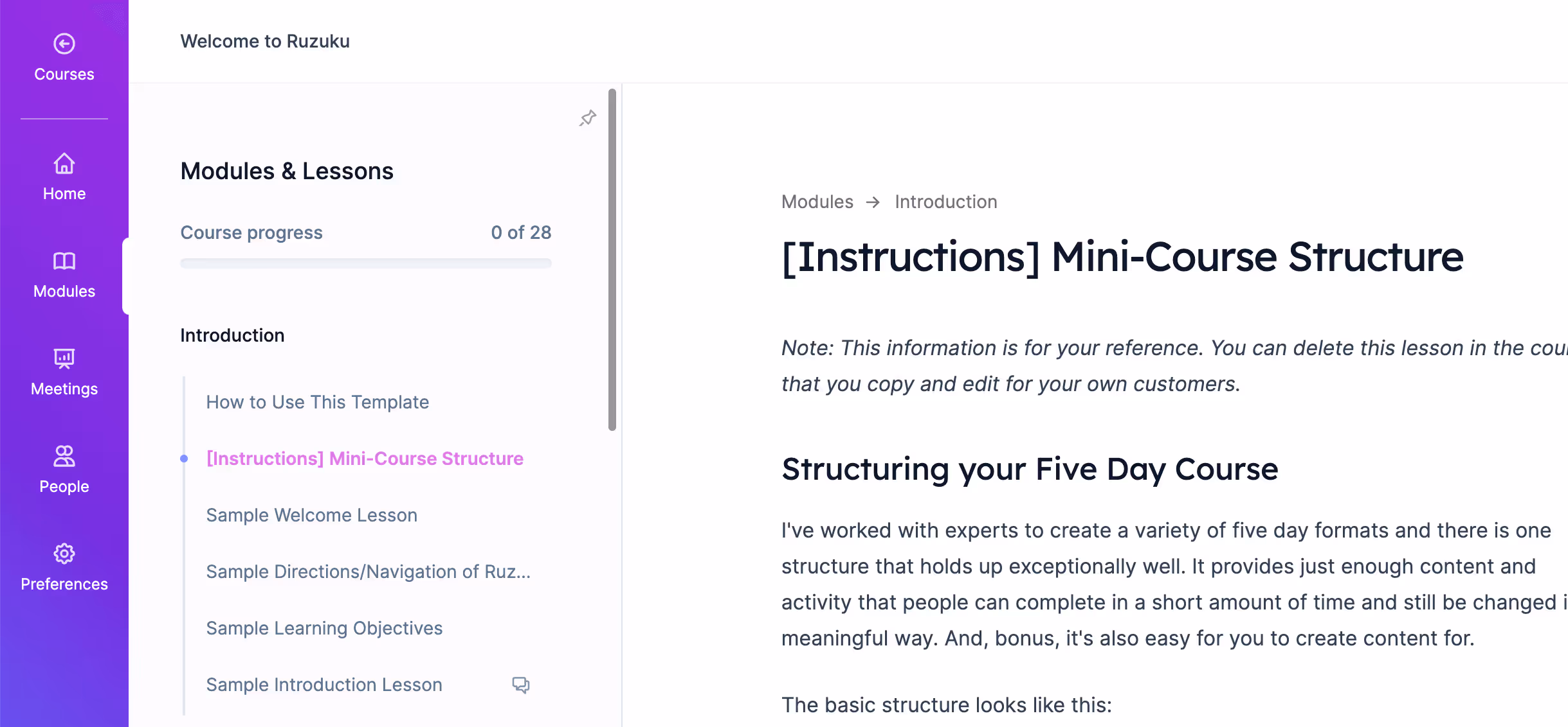 Ruzuku course content editor showing a structured lesson with text, video, and exercises